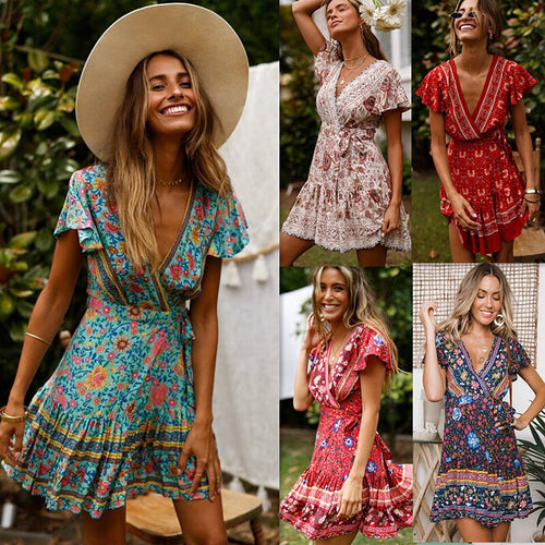 Leisure Chiffon summer women's new short sleeve sexy Bohemian print dress leisure vacation show collarbone Ruffle lace up skirt