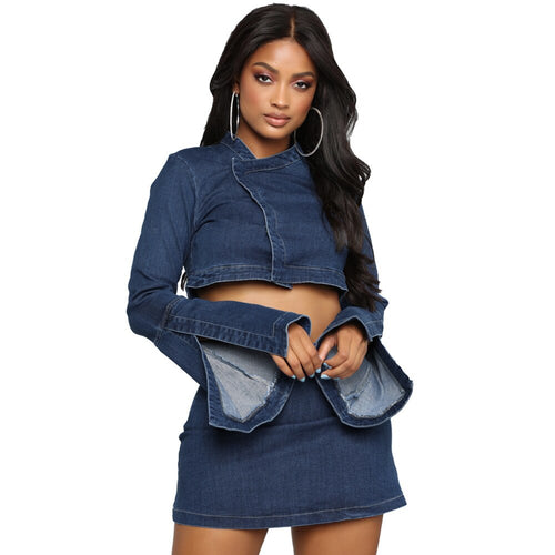 Leisure Two-piece Outdoor Suit Sexy Button Trumpet Sleeves Women's Sets Zipper Denim Skirt Fashion Women Party Office Dress