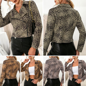 Leopard Jacket Vintage and Sexy Style for Streets Party Notched Lapel Zipper Front Short Jackets Outwear Women's Jacket Autumn