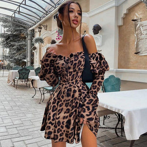 Leopard Long Sleeve Dress One Word Collar Low Neck Mini Dress Clubwear Elegant Puff Sleeve Sexy Party Dresses Woman Dress