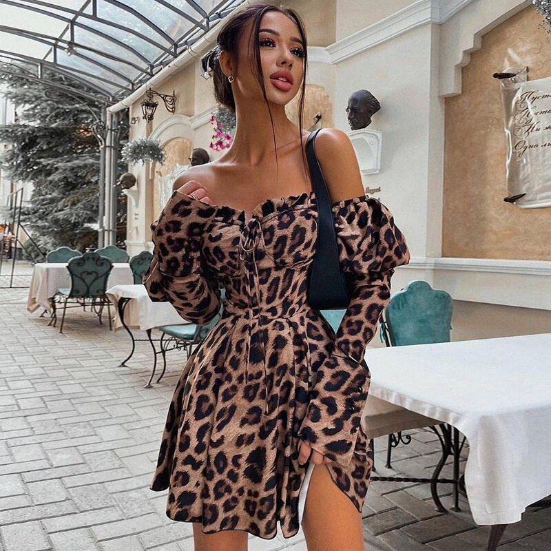 Leopard Long Sleeve Dress One Word Collar Low Neck Mini Dress Clubwear Elegant Puff Sleeve Sexy Party Dresses Woman Dress