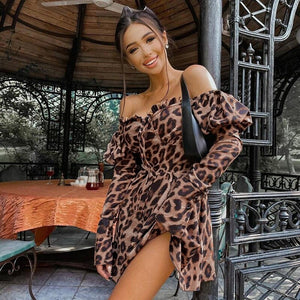 Leopard Long Sleeve Dress One Word Collar Low Neck Mini Dress Clubwear Elegant Puff Sleeve Sexy Party Dresses Woman Dress