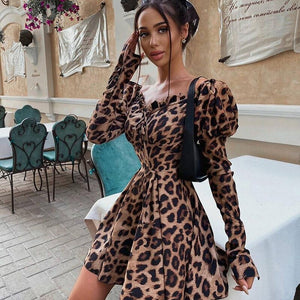 Leopard Long Sleeve Dress One Word Collar Low Neck Mini Dress Clubwear Elegant Puff Sleeve Sexy Party Dresses Woman Dress