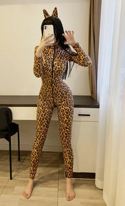 Leopard Print PU Leather Zip Open Crotch Wetlook Catsuit with Headwear Sexy Lingerie Latex Jumpsuits Fetish Wear Cosplay Costume
