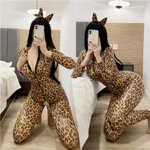 Load image into Gallery viewer, Leopard Print PU Leather Zip Open Crotch Wetlook Catsuit with Headwear Sexy Lingerie Latex Jumpsuits Fetish Wear Cosplay Costume