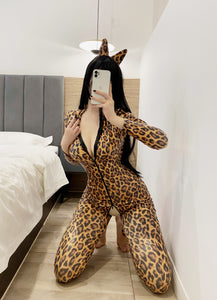 Leopard Print PU Leather Zip Open Crotch Wetlook Catsuit with Headwear Sexy Lingerie Latex Jumpsuits Fetish Wear Cosplay Costume