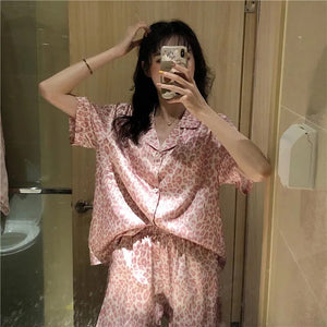 Leopard-Print Pajamas Women&#39;S 2 Piece Set Summer Clothes For Women Silk Short-Sleeved Shorts Thin Satin Home Dress Pantsuits