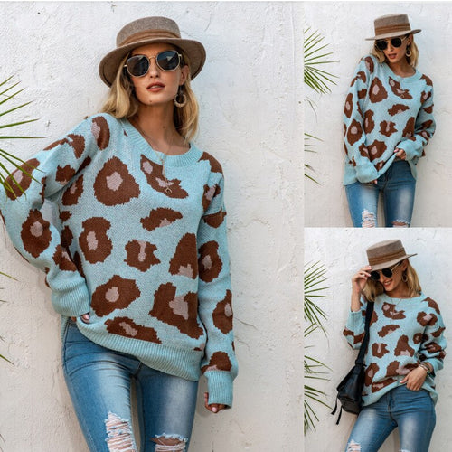 Leopard Print Round Neck Knit Sweater Fall Winter 2021 New Loose Pullover Sweater