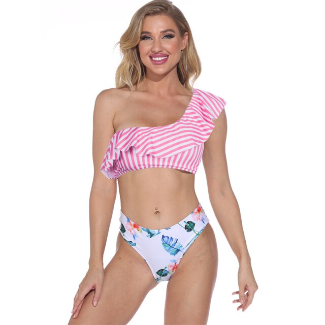 Leopard Swimsuit Push Up Bikini Women's Swimwear Sports Bandeau Beachwear One Shoulder Stripe