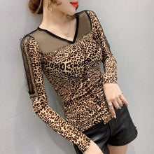 Load image into Gallery viewer, Leopard T-Shirt New 2020 Autumn Long Sleeve Women Tops And Shirt Sexy V-Neck Mesh tshirt Plus Size Hot drilling Female clothing