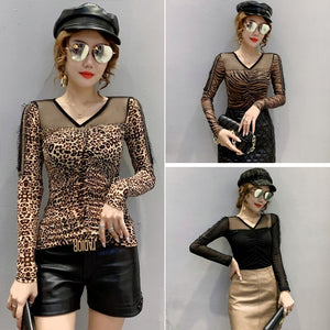 Leopard T-Shirt New 2020 Autumn Long Sleeve Women Tops And Shirt Sexy V-Neck Mesh tshirt Plus Size Hot drilling Female clothing