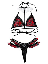 Load image into Gallery viewer, Lingerie Underwear Sleepwear Sexy Lingerie Suit for Womens Plaid Strappy Lace-up Unlined Wireless Bras with Lace G-String Briefs