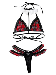 Lingerie Underwear Sleepwear Sexy Lingerie Suit for Womens Plaid Strappy Lace-up Unlined Wireless Bras with Lace G-String Briefs