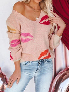 Lip Print Knitted Sweater Women Winter Elegant Kiss Jumper Pullovers Knit Tops Loose Sweaters Streetwear Sueter Mujer Oversized