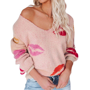 Lip Print Knitted Sweater Women Winter Elegant Kiss Jumper Pullovers Knit Tops Loose Sweaters Streetwear Sueter Mujer Oversized