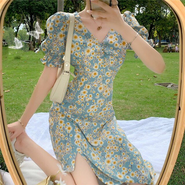 Little Daisy Floral Dress Women 2021 Summer French Gentle Temperament Sundress Female Thin Waist Platycodon Long Vestidos Ladies