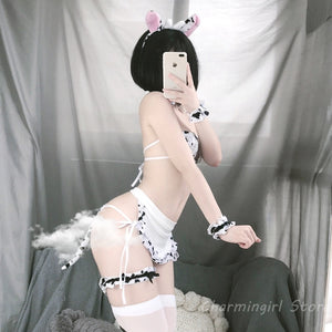 Lolita Bikini Anime Cosplay Womens Cute Cow Cosplay Micro Bikini Set Lingerie Sexy Bra and Panty Set Sex Nightclub Uniform