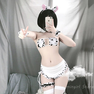 Lolita Bikini Anime Cosplay Womens Cute Cow Cosplay Micro Bikini Set Lingerie Sexy Bra and Panty Set Sex Nightclub Uniform