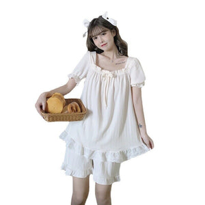 Lolita Cotton Pyjamas Set 2 Piece/set Pyjama Women Sexy Sleepwear Shorts Nightgowns Lingerie Femme Home Wear Ruffles White