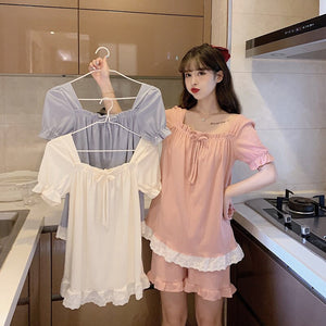 Lolita Cotton Pyjamas Set 2 Piece/set Pyjama Women Sexy Sleepwear Shorts Nightgowns Lingerie Femme Home Wear Ruffles White