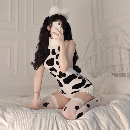 Lolita Cow Cosplay Costumes Backless Turtleneck Sweater Japanese Cute Anime Erotic Outfit Women Sexy Lingerie Sleeveless Suit