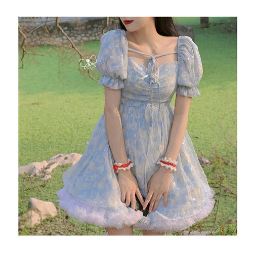 Lolita Puff Sleeve French Yarn Fairy Dress Summer Japanese Soft Girl Bow Tie Waist Princess Dress Cute Dress