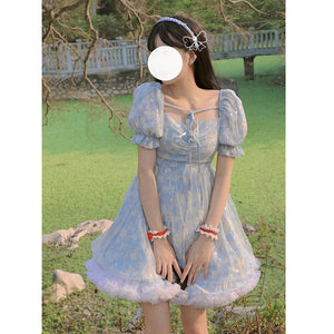 Lolita Puff Sleeve French Yarn Fairy Dress Summer Japanese Soft Girl Bow Tie Waist Princess Dress Cute Dress