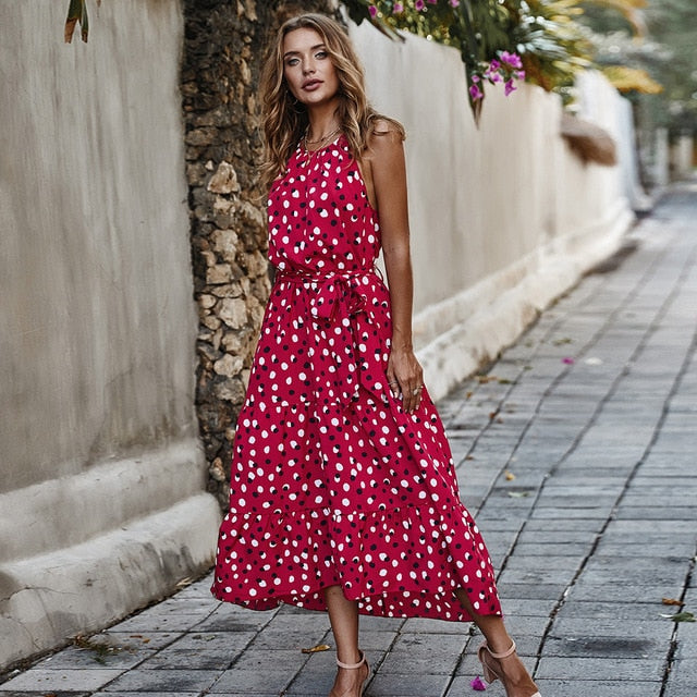 Long Dot Vacation Style Print Dress Women Lace Up High Waist O Neck Big Swing Dress New 2021 Fashion Summer Sleeveless Dress