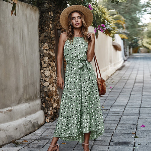 Long Dot Vacation Style Print Dress Women Lace Up High Waist O Neck Big Swing Dress New 2021 Fashion Summer Sleeveless Dress