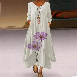 Long Dress Women 2021 Spring Summer Fashion Cotton Printed O-Neck Long Sleeve Casual Bottom Asymmetrical Floral Dress