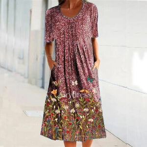 Long Dress Women 2021 Summer Fashion Cotton Floral 3D Printed O-Neck Short Sleeve Casual Dress Vestido De Mujer