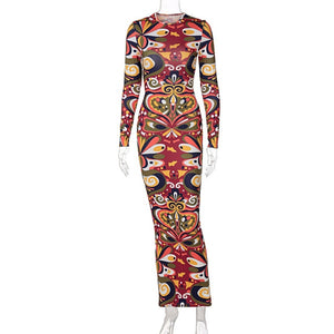 Long Dresses Irregular Printed Long Sleeves O-Neck Woman Clothes Casual Women&#39;s Dresses Autumn Female Clothing Fashion Vestidos