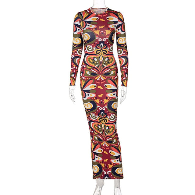 Long Dresses Irregular Printed Long Sleeves O-Neck Woman Clothes Casual Women's Dresses Autumn Female Clothing Fashion Vestidos