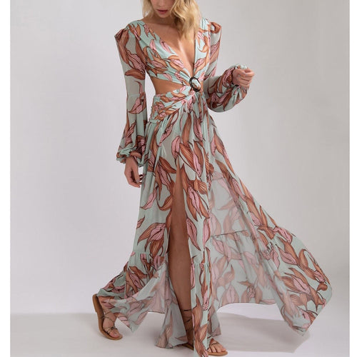 Long Sleeve Beach Dresses Summer 2021 Lantern sleeve Deep V-Neck Swimwear Floral beach cover ups Women Kimono Bathingsuit Boho
