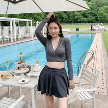 Load image into Gallery viewer, Long Sleeve Bikini Women Solid Gray Swimwear Skirt Bathing Suit High Cut Swimwear Ruffle Biquini Push Up Pad Crop Top Korea Belt
