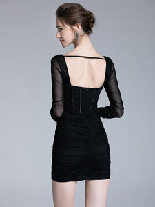 Long Sleeve Bodycon Dress Halter Boning Corset Dress Sexy Mesh Evening Night Club Party Dress Mini Autumn Dress Women 2022 Lined