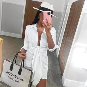 Long Sleeve Casual Turn Down Collar Shirt Dress Sexy Mini Button V-Neck High Waist Dress Elegant Sexy Party Dress Summer Dress