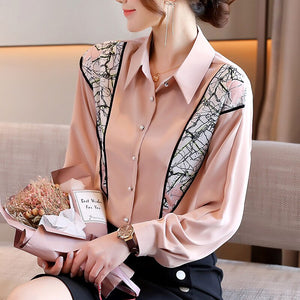 Long Sleeve Chiffon Blouse Shirt New 2021 Spring Autumn Patchwork Women's Shirt Elegant Slim Office Lady Blusas