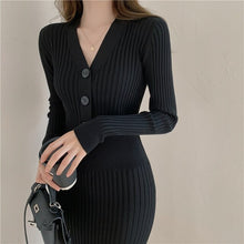 Load image into Gallery viewer, Long Sleeve Dresses Women Solid Sheath V-neck Buttons High Waist Ladies Elegant Vestidos Knitting Korean Style Bodycon Dress New