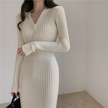 Load image into Gallery viewer, Long Sleeve Dresses Women Solid Sheath V-neck Buttons High Waist Ladies Elegant Vestidos Knitting Korean Style Bodycon Dress New