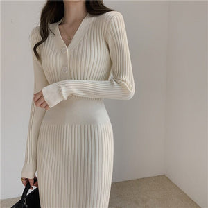 Long Sleeve Dresses Women Solid Sheath V-neck Buttons High Waist Ladies Elegant Vestidos Knitting Korean Style Bodycon Dress New