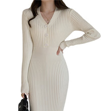 Load image into Gallery viewer, Long Sleeve Dresses Women Solid Sheath V-neck Buttons High Waist Ladies Elegant Vestidos Knitting Korean Style Bodycon Dress New