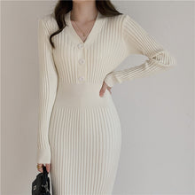 Load image into Gallery viewer, Long Sleeve Dresses Women Solid Sheath V-neck Buttons High Waist Ladies Elegant Vestidos Knitting Korean Style Bodycon Dress New