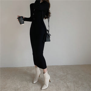 Long Sleeve Dresses Women Solid Sheath V-neck Buttons High Waist Ladies Elegant Vestidos Knitting Korean Style Bodycon Dress New