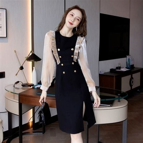 Long Sleeve Mesh Patchwork High Waist Ruffle Buttons Knee Length Dress Women Autumn Fashion Slim Split Fork Party Dresses Female
