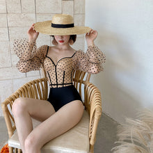 Load image into Gallery viewer, Long Sleeve One Piece Swimsuit Women Dot Print Swimwear Lace Monokini Push Up Swim Suit Retro Korea Bathing Suit Mesh Bandage