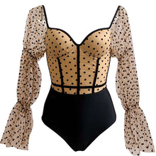 Load image into Gallery viewer, Long Sleeve One Piece Swimsuit Women Dot Print Swimwear Lace Monokini Push Up Swim Suit Retro Korea Bathing Suit Mesh Bandage