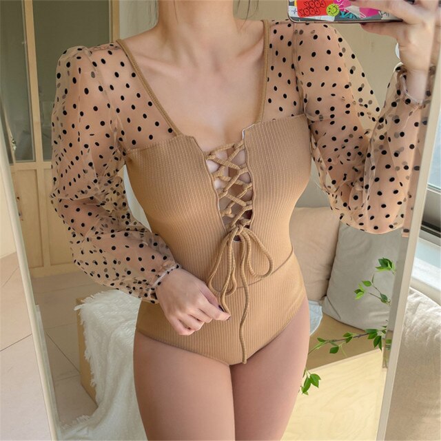 Long Sleeve One Piece Swimsuit Women Dot Swimwear Lace Monokini Bandage Swim Suit Korea Style Trikini Lace Up Bathing Suit Pad