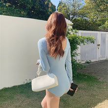 Load image into Gallery viewer, Long Sleeve One Piece Swimsuit Women Solid Swimwear Blue Bathing Suit Wrap Tie  Monokini Push Up Swim Suit Pad Rash Guard Korea