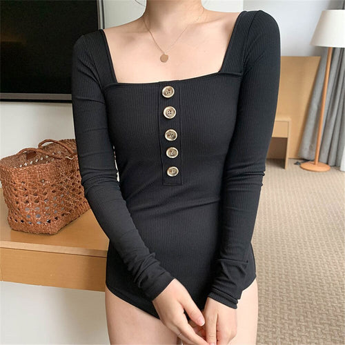 Long Sleeve One Piece Swimsuit Women Solid Swimwear Button Monokini Korea Style Swim Suit Pad Bathing Suit Black Rash Guard